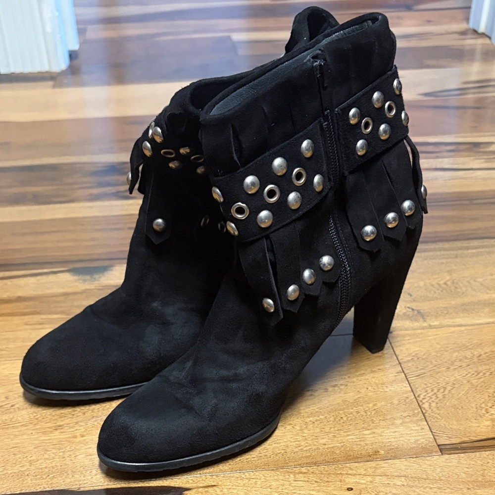 Stuart Weitzman Black Fringe Studded Heeled Boots